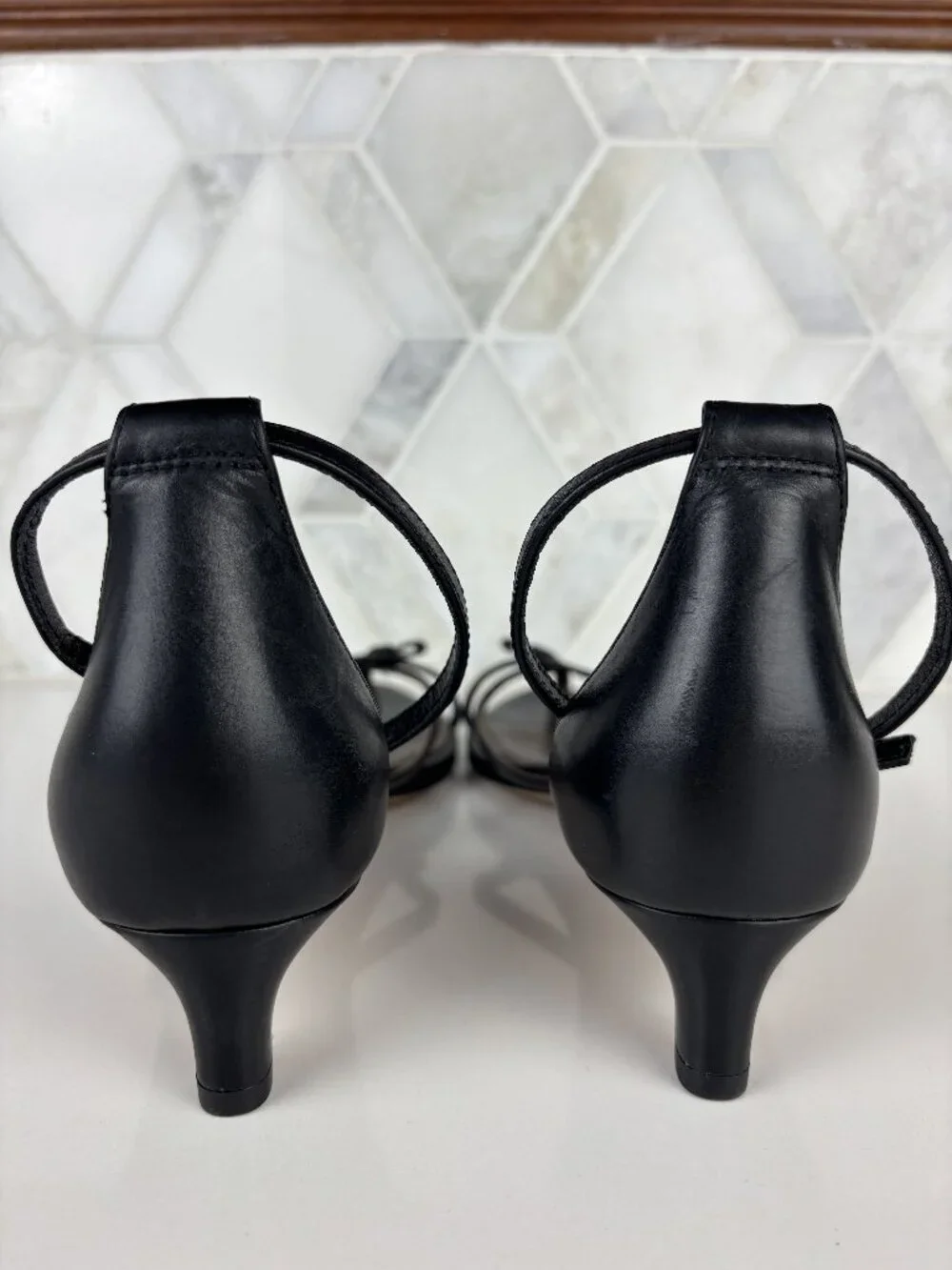 8 Vince Siri Black Brown Leather Sandal Ankle Strap Kitten Heel Pointed Toe Slip - Picture 7 of 11